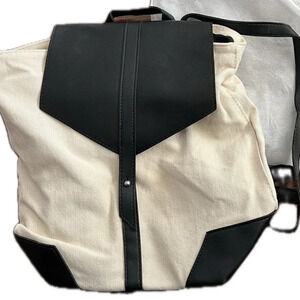 Deux Lux black cream canvas faux leather flap close backpack